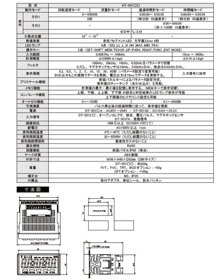 日本電産シンポ デジタルパネル形回転計 【DT-501FA】 :UN-024908:配管