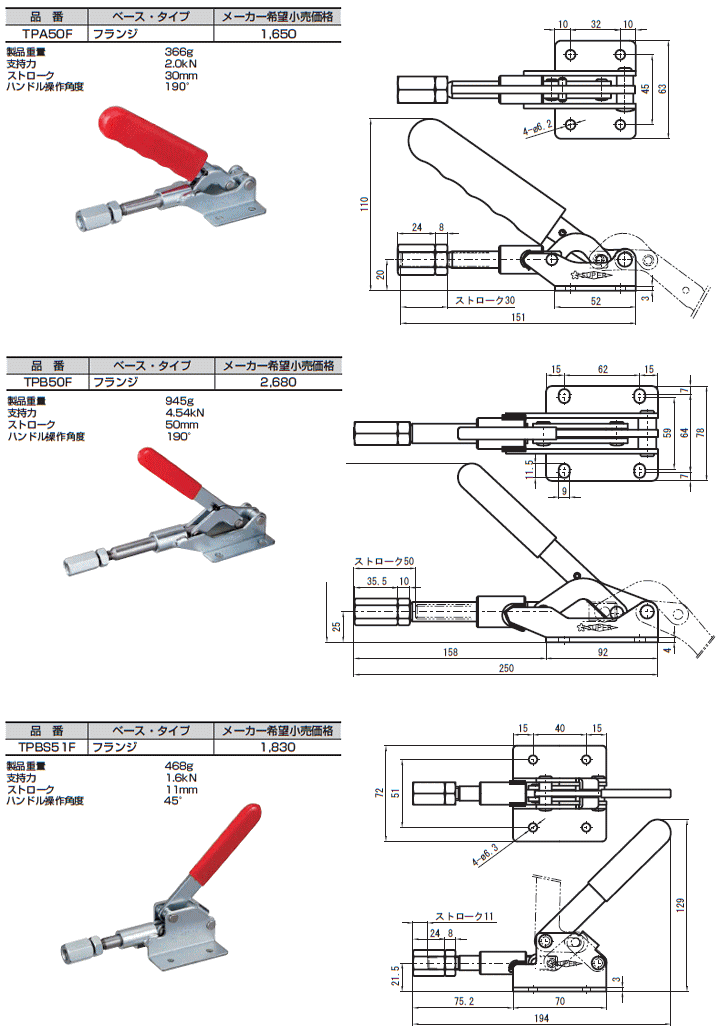 スーパーツール 横押し型トグルクランプ 寸法表