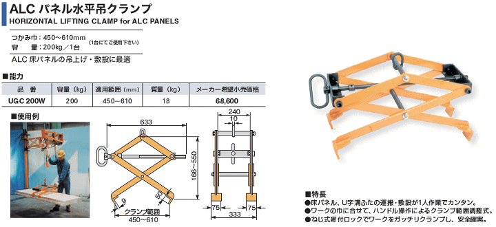 スーパーツール UGC200W ALCパネル水平吊クランプ : sup-ugc200w : 伝