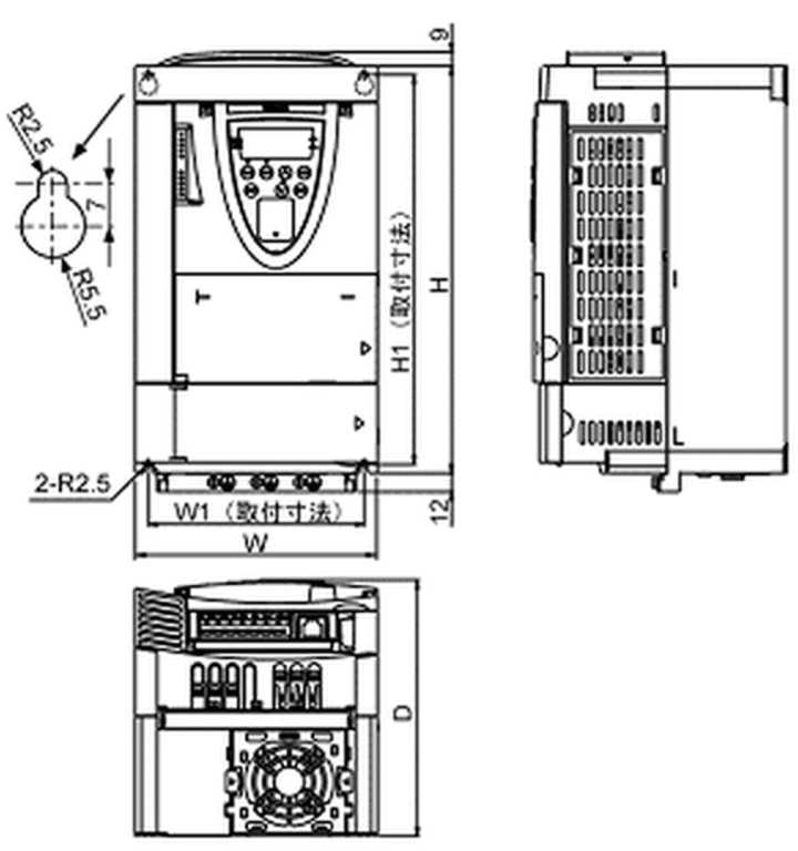 東芝 VF-PS1シリーズ インバータの図面 寸法図