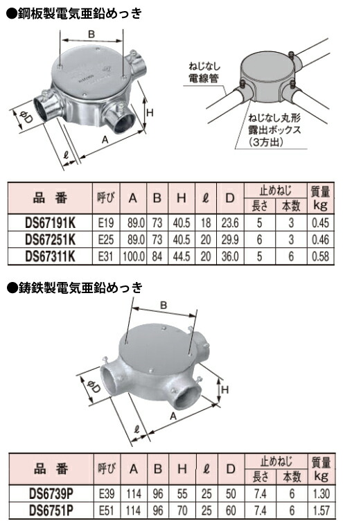 パナソニック DS6739P ねじなし丸型露出ボックス３方出 呼びE39用 鋳鉄