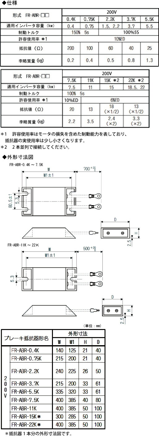 三菱電機 FR-ABR-11K 高頻度用ブレーキ抵抗器 200Vクラス 適用