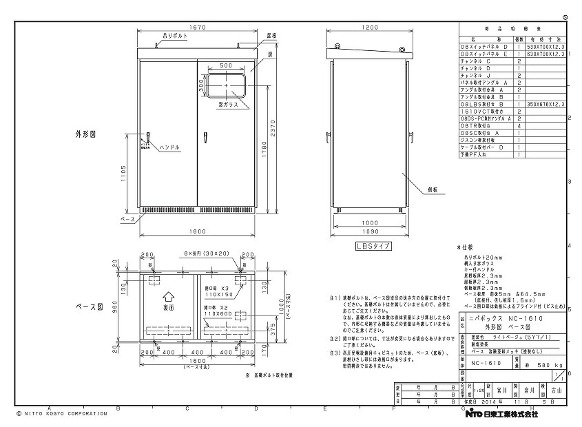 日東工業 NC-816 NC816 ニパボックス 大型高圧受電盤キャビネット 寸法