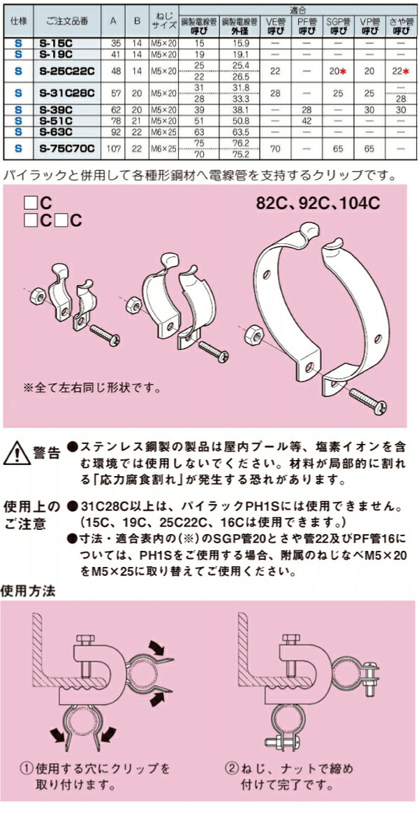 ネグロス電工 S-104C 電線管支持クリップ パイラッククリップ ステンレスSUS製 サイズmmA146B20 : 10000610 :  電材BLUEWOOD ヤフー店 - 通販 - Yahoo!ショッピング