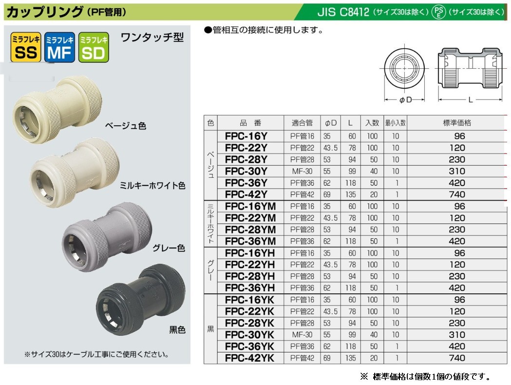 未来工業 FPC-22YK PF管22用カップリングワンタッチ型 10個入り 色 黒 :10000350:電材BLUEWOOD ヤフー店 - 通販 -  Yahoo!ショッピング