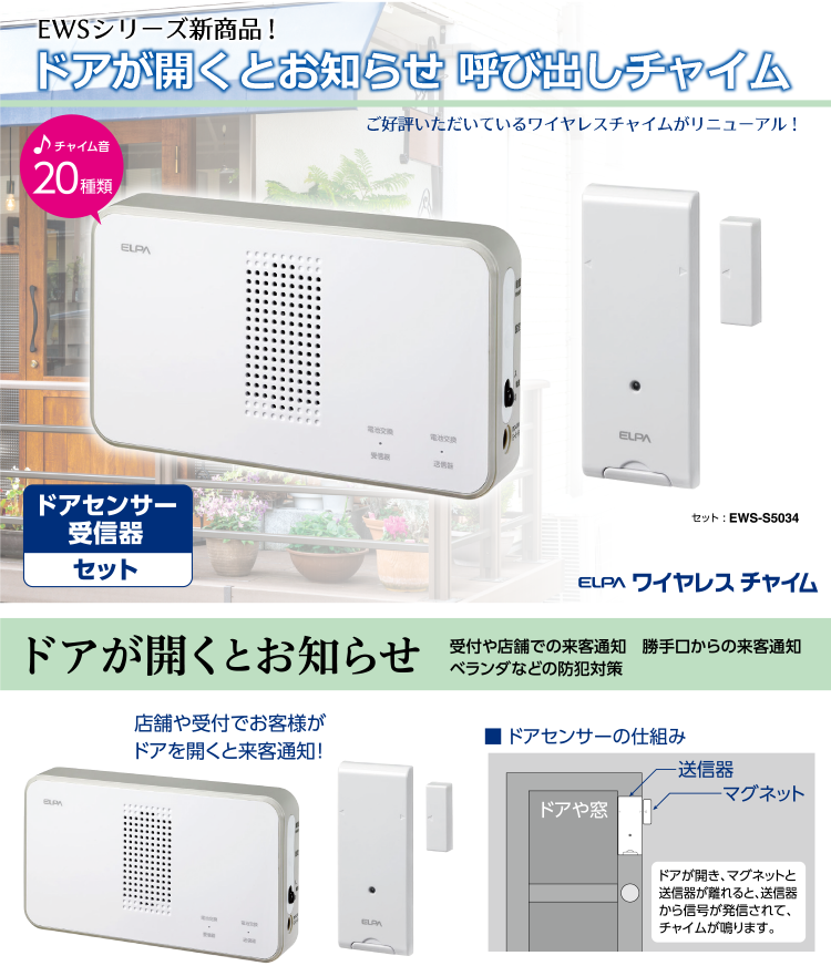 ワイヤレスチャイム ドア開閉センサーセット EWS-S5034