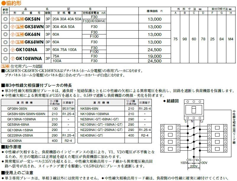 GK68WN 3P 60A F30 日東工業 単3中性線欠相保護付 漏電ブレーカ 協約形 プチパネル ホーム分電盤用 GK-N NITO