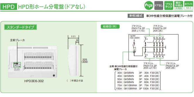 日東工業 HPD3E6-102 ホーム分電盤 主幹60A ドアなし 露出 半埋 日東工業 HPD3E6-102 ホーム分電盤 主幹60A ドアなし 露出 半埋