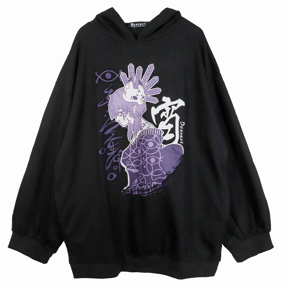 [APPAREL]/ディオラート/[和GOTH] オーバーサイズ ・プリントプルパーカー [ 宵-yoi- ] ブラック×ワイン (F) ゴスロリ・パンク/Deorart Deorart（ディオラート） 【SALE】[和GOTH] オーバーサイズ ・プリント