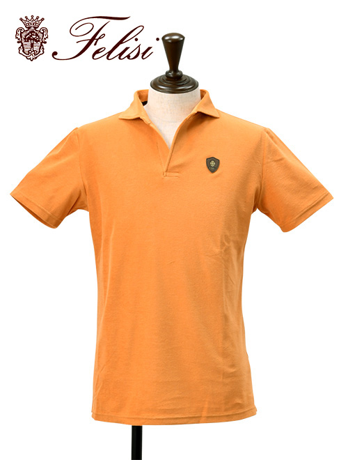 フェリージ ゴルフ Felisi GOLF スキッパーポロシャツ メンズ パイル生地 ロゴ入りエンブレム オレンジ コットンポリ 国内正規品 でらでら公式 ブランド｜deradera
