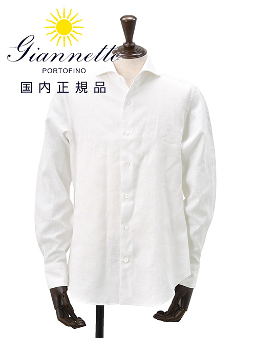 giannetto ホリゾンタルカラー 白シャツ slim fit 太陽 M ジャンネット GIANNETTO 長袖カジュアルシャツ メンズ リネン