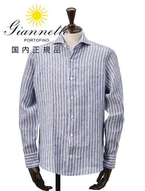 ジャンネット GIANNETTO リネンシャツ ブルー　M 長袖 ジャンネット GIANNETTO 長袖カジュアルシャツ メンズ リネン