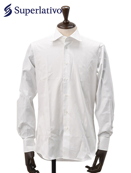 スペルラティボ Superlativo ドレスシャツ メンズ セミワイドカラー ギザコットン素材 ホワイト 白 コットンクロス生地 光沢 レギュラーフィット 日本製 | 