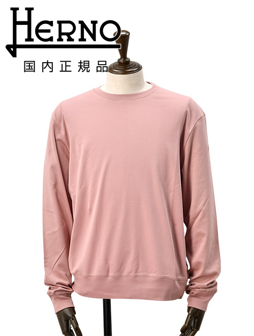 ヘルノ リゾート HERNO RESORT 長袖Tシャツ メンズ クルーネック コットンジャージー 左袖ロゴプリント ピンク 国内正規品 でらでら 公式ブランド｜deradera