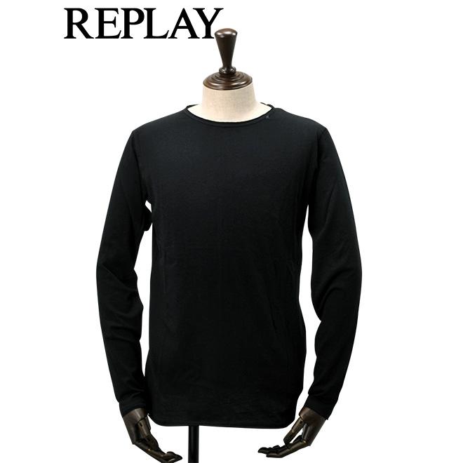 リプレイ REPLAY 長袖Tシャツ メンズ クルーネックカットソー コットン天竺 ブラック ロゴプリント ヴィンテージ加工 国内正規品 でらでら 公式ブランド｜deradera