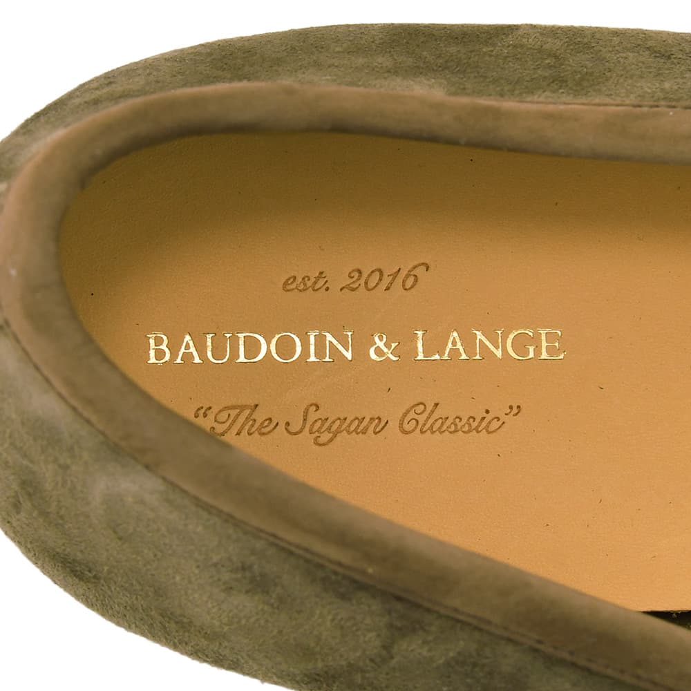 ボードインアンドランジ BAUDOIN & LANGE ベルジャンシューズ メンズ Saganモデル タッセルローファー オリーブグリーン スエード ラバーソール 国内正規品の画像