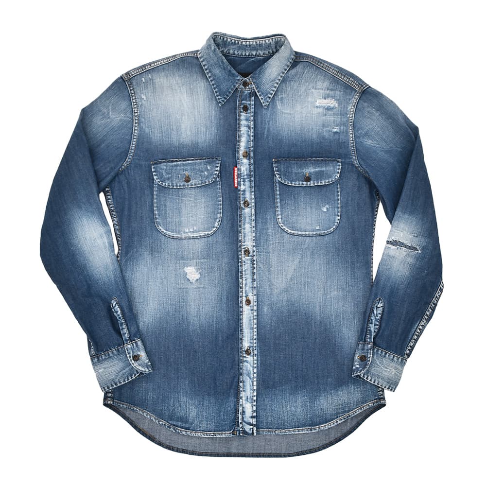 ディースクエアード DSQUARED2 ヴィンテージデニムシャツ メンズ ダメージシャツ ストレッチデニム ブルーウォッシュ リラックスフィット 国内正規品の画像