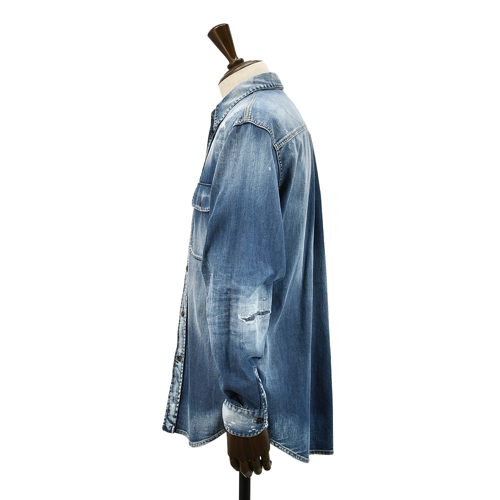 ディースクエアード DSQUARED2 ヴィンテージデニムシャツ メンズ ダメージシャツ ストレッチデニム ブルーウォッシュ リラックスフィット 国内正規品の画像