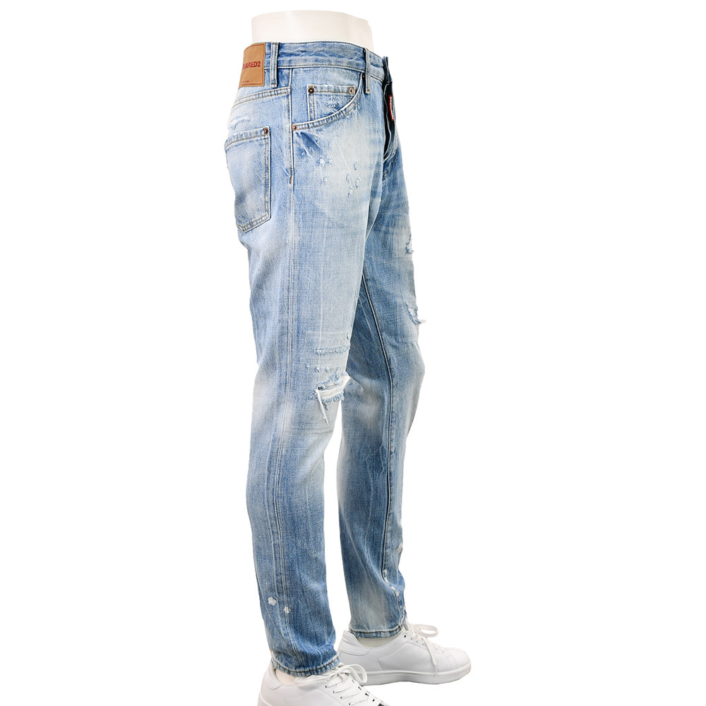 ディースクエアード DSQUARED2 ダメージデニムパンツ メンズ コットン100％ Teddy Jean テディ ライトブルーウォッシュ リラックステーパード 国内正規品の画像