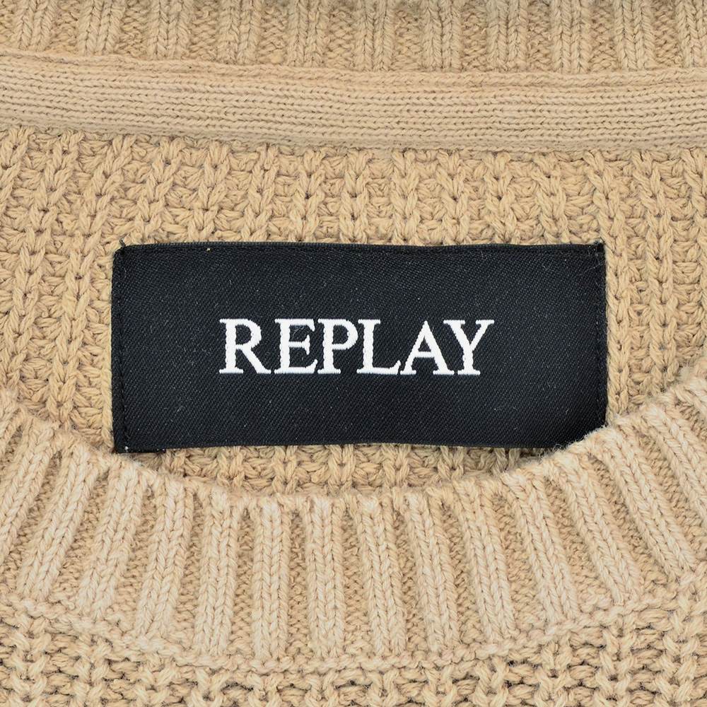 リプレイ REPLAY コットンニット メンズ サマーセーター ロングスリーブ ベージュ リブ編み ウォッシュ加工 クルーネック 国内正規品 ...