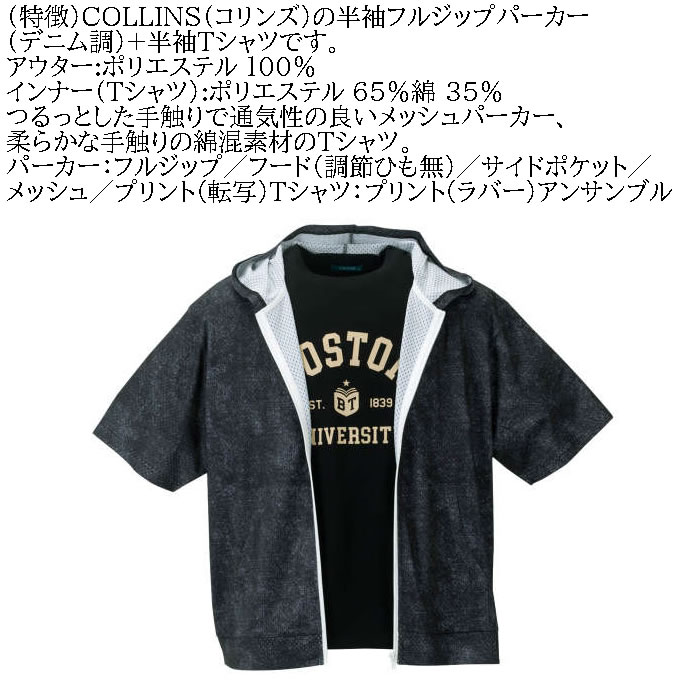 大きいサイズ メンズ COLLINS メッシュデニム風プリント半袖フルジップ パーカー半袖 Tシャツ（メーカー取寄）コリンズ 3L 4L 5L 6L 8L キング ビッグ |  | 07