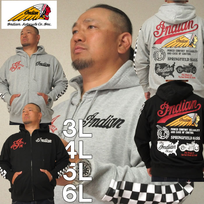 大きいサイズ メンズ INDIAN MOTOCYCLE-裏毛刺繍&プリントフルジップ