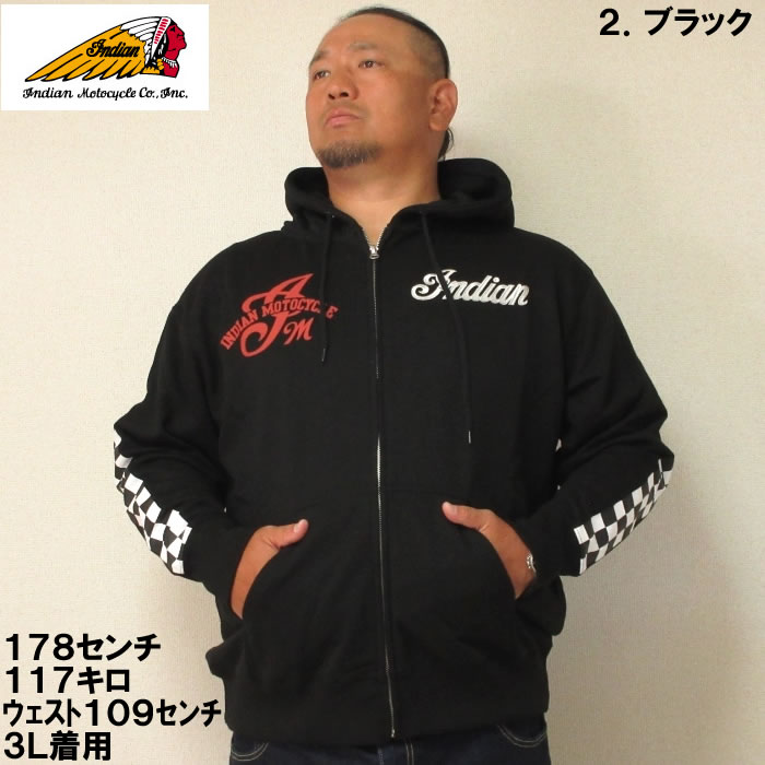 大きいサイズ メンズ INDIAN MOTOCYCLE-裏毛刺繍&プリントフルジップ