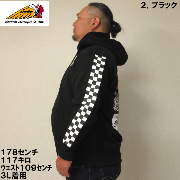 大きいサイズ メンズ INDIAN MOTOCYCLE-裏毛刺繍&プリントフルジップ