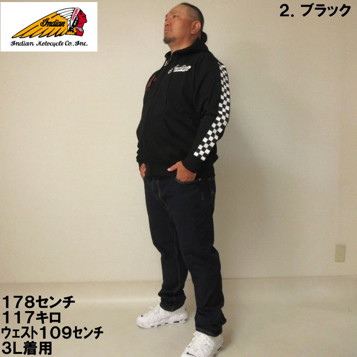 大きいサイズ メンズ INDIAN MOTOCYCLE-裏毛刺繍&プリントフルジップ