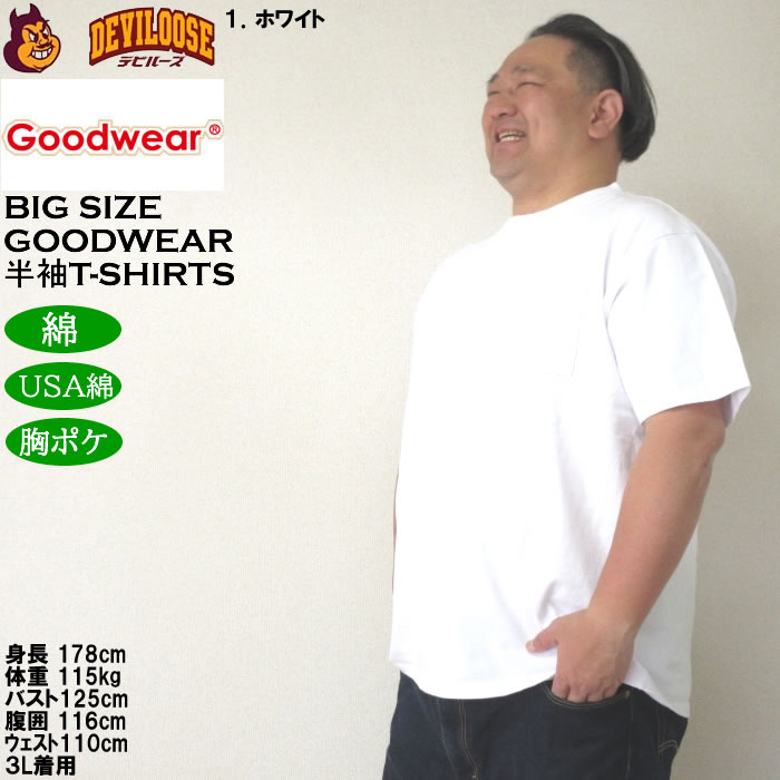 大きいサイズ メンズ コットン 綿 Goodwear USAコットン 胸ポケット付 半袖Tシャツ（メーカー取寄）グッドウェア 3L 4L 5L 6L 7L 8L キングサイズ ビッグサイズ |  | 09