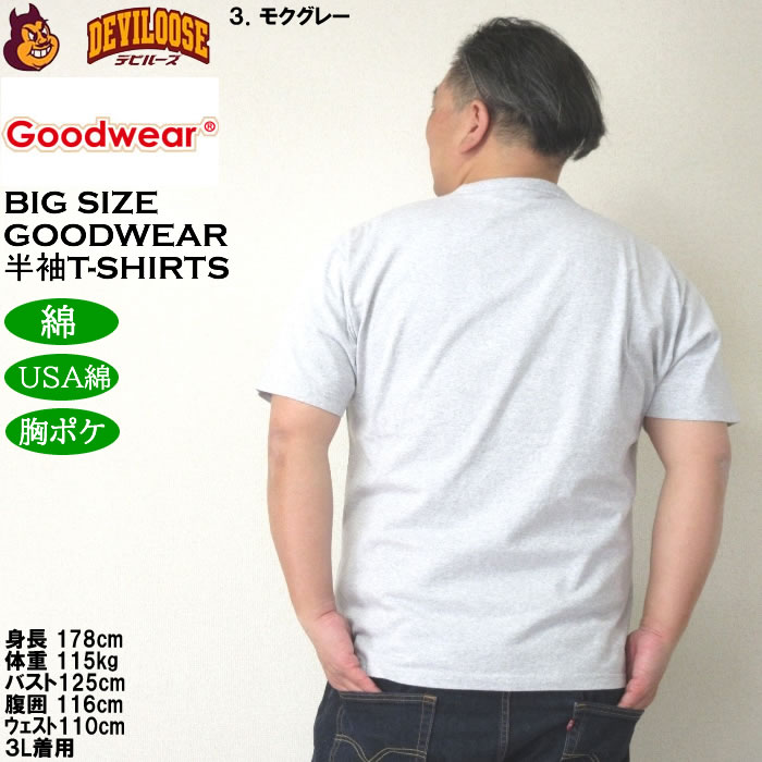 大きいサイズ メンズ コットン 綿 Goodwear USAコットン 胸ポケット付 半袖Tシャツ（メーカー取寄）グッドウェア 3L 4L 5L 6L 7L 8L キングサイズ ビッグサイズ |  | 14