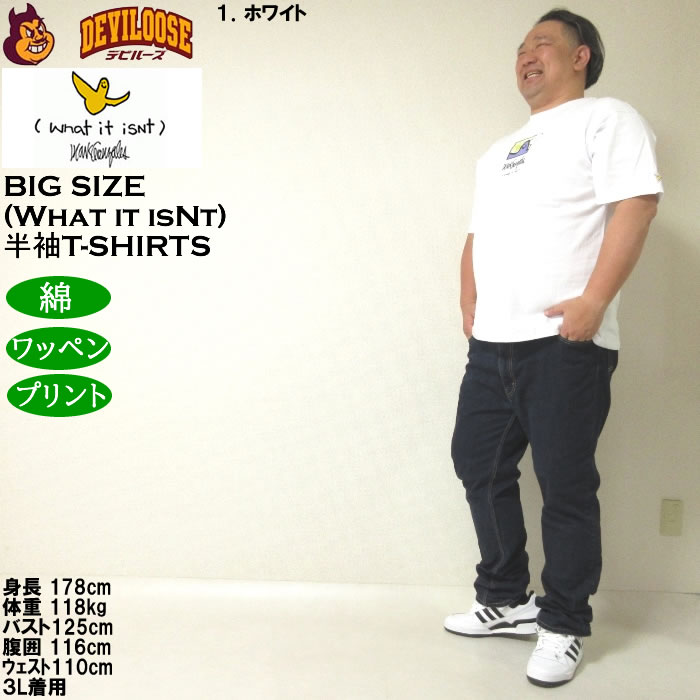 大きいサイズ メンズ 綿 コットン (What it isNt) 天竺 プリント 半袖Tシャツ（メーカー取寄）ワットイットイズント 3L 4L 5L 6L 8L キングサイズ ビッグサイズ |  | 11