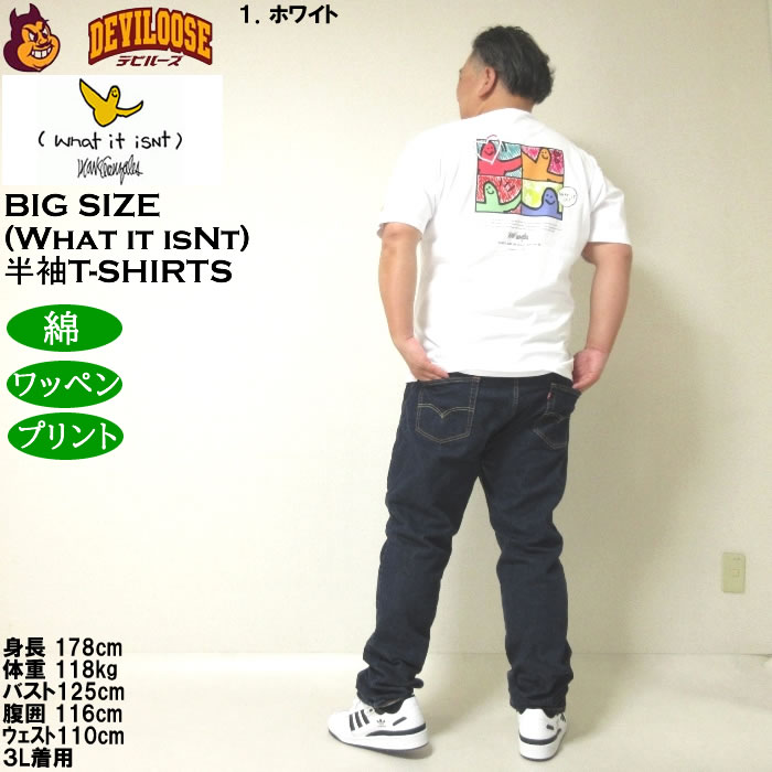 大きいサイズ メンズ 綿 コットン (What it isNt) 天竺 プリント 半袖Tシャツ（メーカー取寄）ワットイットイズント 3L 4L 5L 6L 8L キングサイズ ビッグサイズ |  | 12