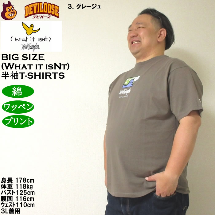 大きいサイズ メンズ 綿 コットン (What it isNt) 天竺 プリント 半袖Tシャツ（メーカー取寄）ワットイットイズント 3L 4L 5L 6L 8L キングサイズ ビッグサイズ |  | 17