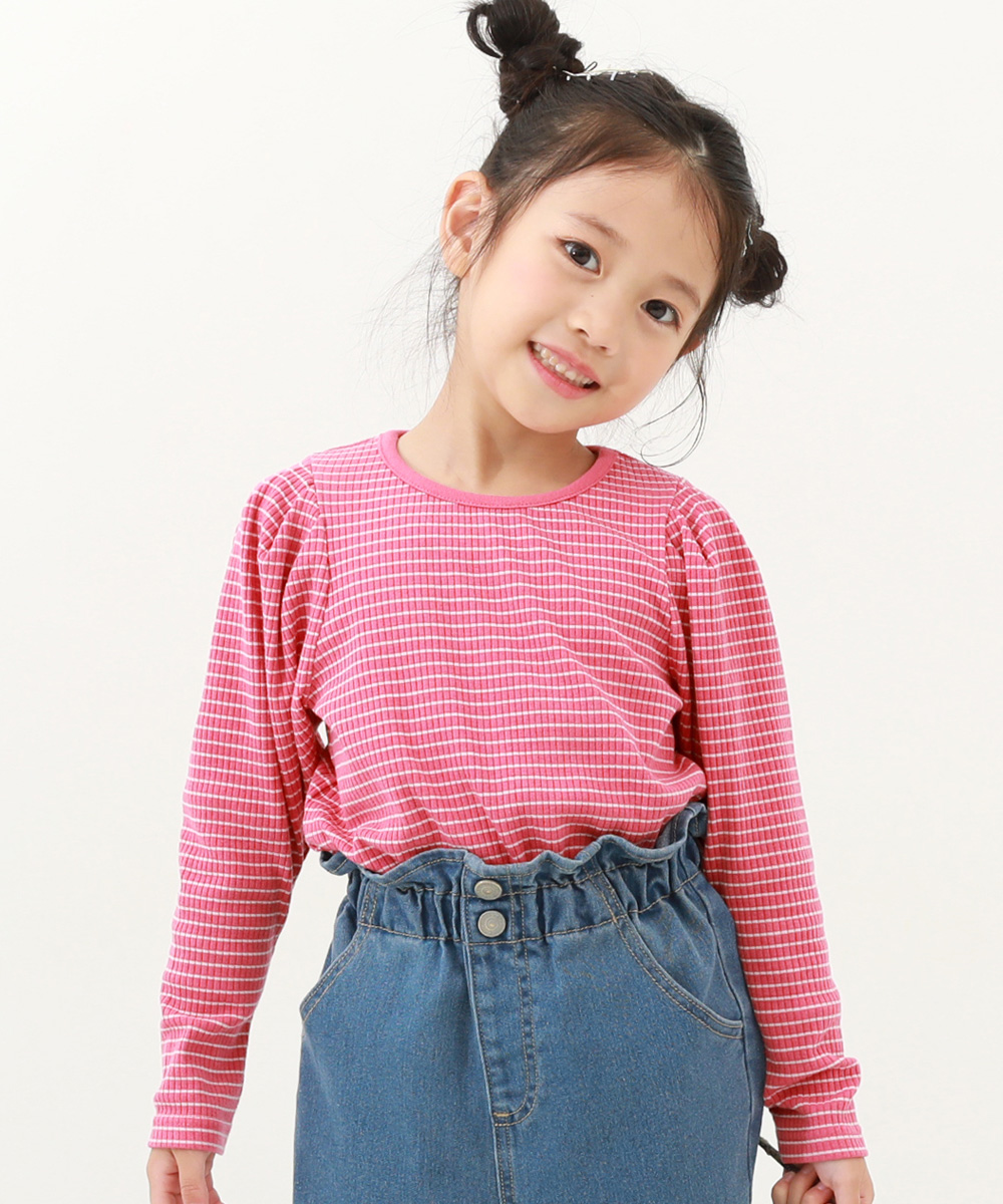 子供服 細リブ パフスリーブ ボーダー長袖Tシャツキッズ 女の子 トップス 長袖Tシャツ ロンT デビロック devirock