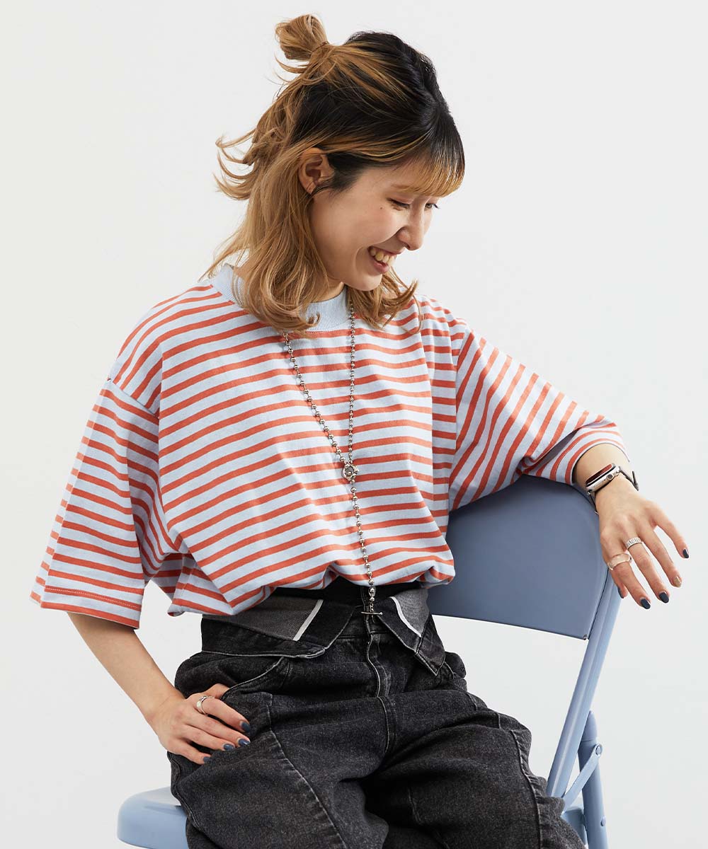 リンクコーデ 親子コーデ おそろい リンク 耐久 Tシャツ トップス 綿100% お洗濯してもよれにくい ビッグシルエット 大人 ボーダー 半袖Tシャツ devirock | devirock | 08