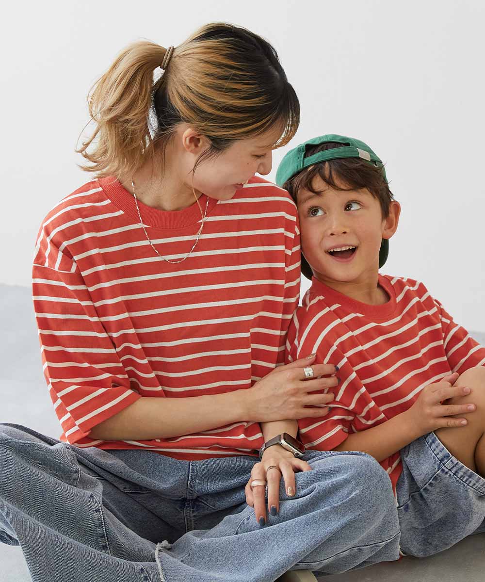リンクコーデ 親子コーデ おそろい リンク 耐久 Tシャツ トップス 綿100% お洗濯してもよれにくい ビッグシルエット 大人 ボーダー 半袖Tシャツ devirock | devirock | 13