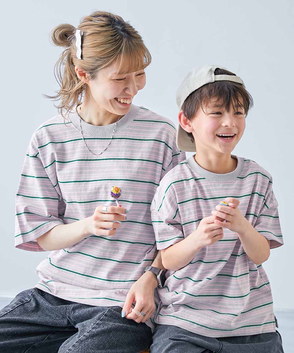 リンクコーデ 親子コーデ おそろい リンク 耐久 Tシャツ トップス 綿100% お洗濯してもよれにくい ビッグシルエット 大人 ボーダー 半袖Tシャツ devirock | devirock | 14