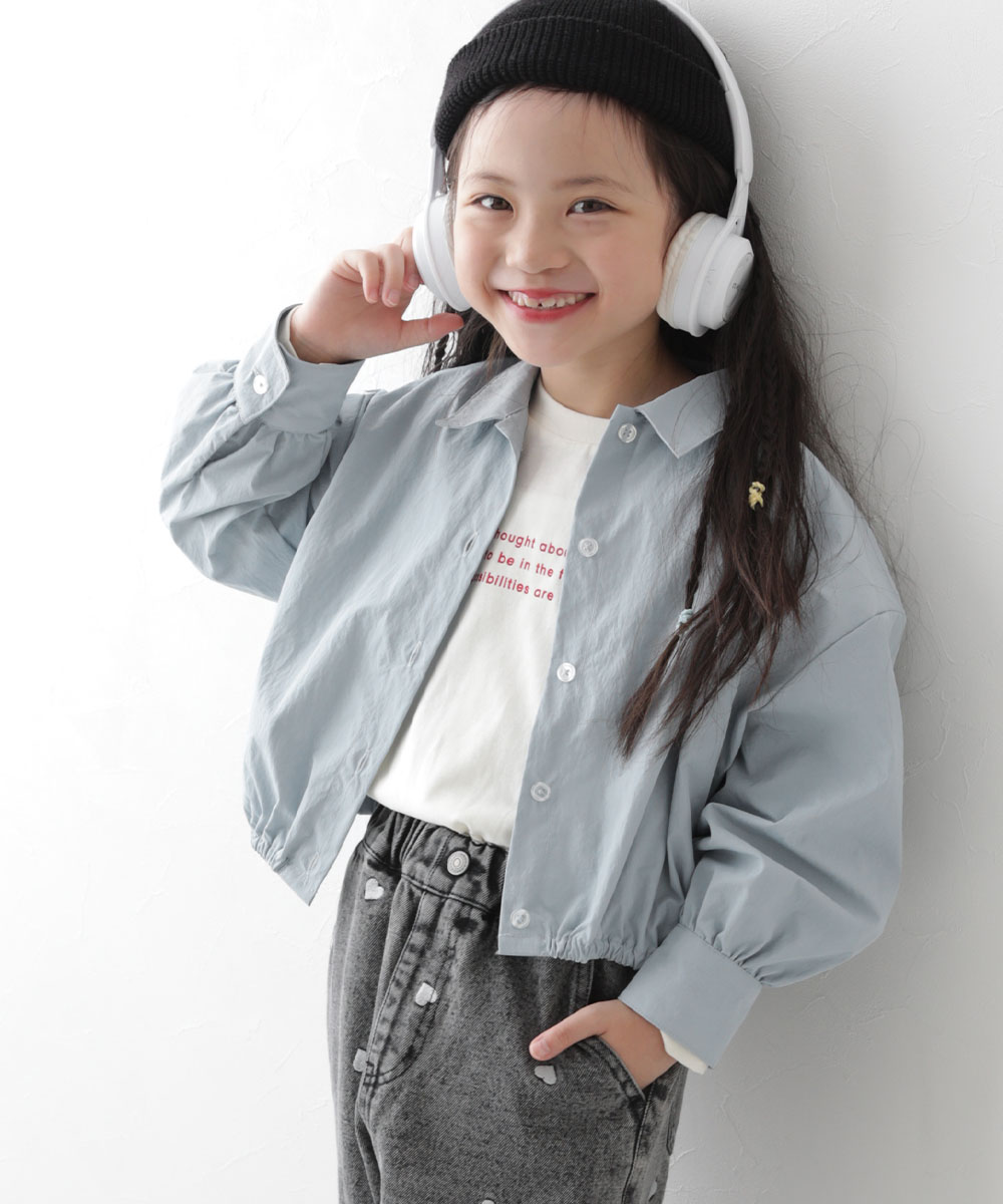 シャツ ブラウス 前開き トップス 裾ギャザー クロップド丈 ナイロンシャツジャケット キッズ 子供服 女の子  デビロック devirock | devirock | 02