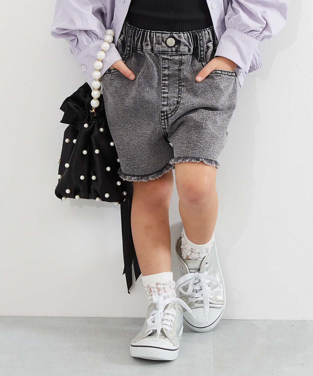 デニムパンツ ハーフパンツ ショートパンツ ボトムス 楽デニム ケミカルウォッシュ 裾フリンジ ショートパンツ キッズ 子供服 女の子  デビロック devirock | devirock | 01