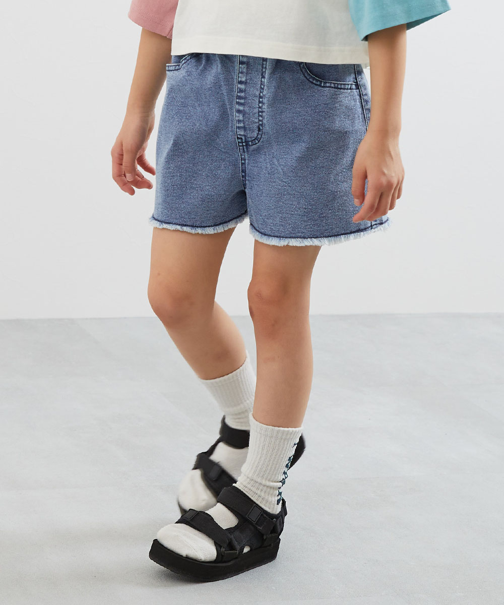 デニムパンツ ハーフパンツ ショートパンツ ボトムス 楽デニム ケミカルウォッシュ 裾フリンジ ショートパンツ キッズ 子供服 女の子  デビロック devirock | devirock | 02