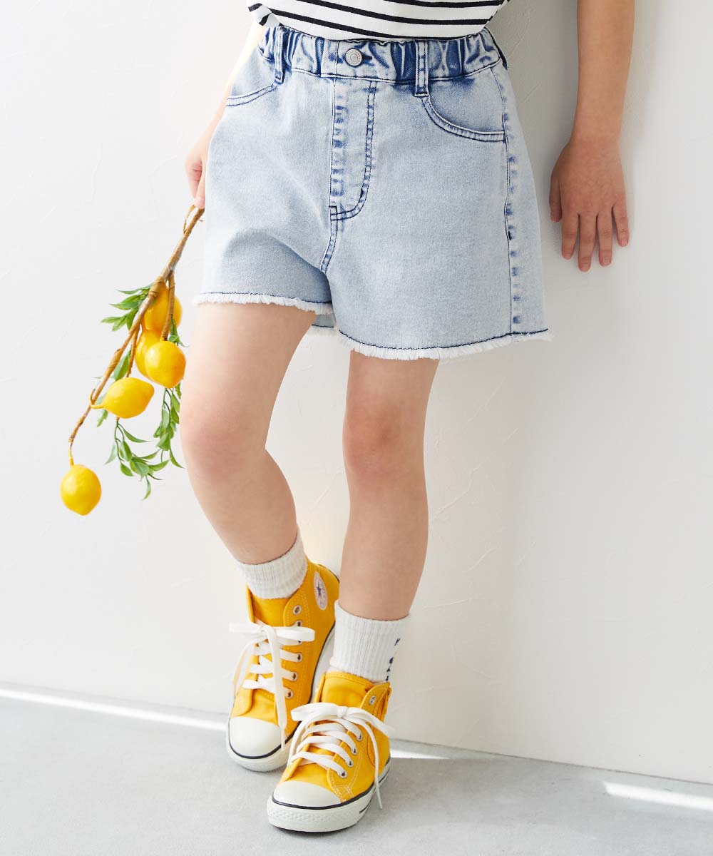 デニムパンツ ハーフパンツ ショートパンツ ボトムス 楽デニム ケミカルウォッシュ 裾フリンジ ショートパンツ キッズ 子供服 女の子  デビロック devirock | devirock | 03
