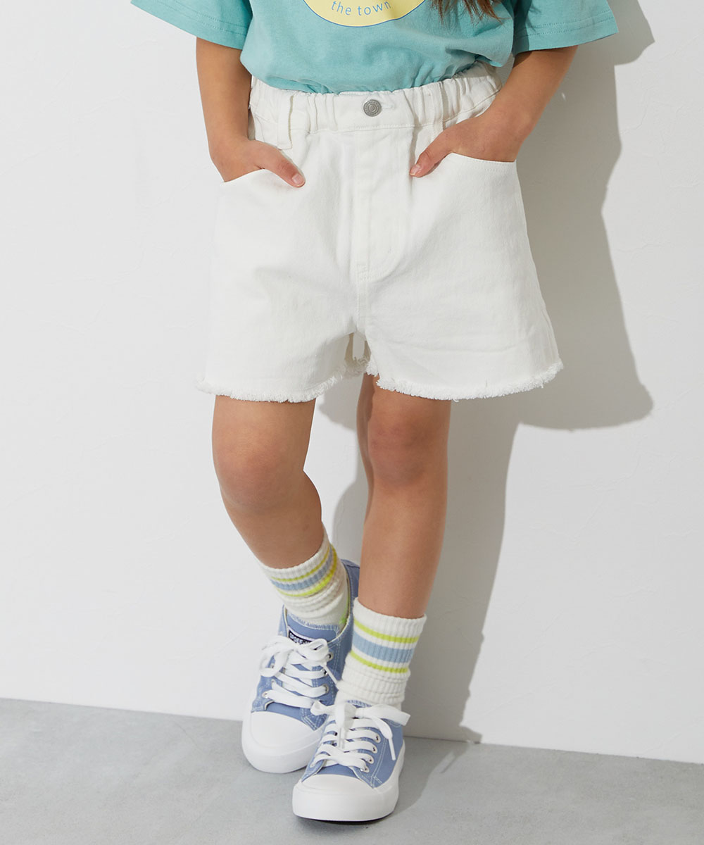 デニムパンツ ハーフパンツ ショートパンツ ボトムス 楽デニム ケミカルウォッシュ 裾フリンジ ショートパンツ キッズ 子供服 女の子  デビロック devirock | devirock | 04