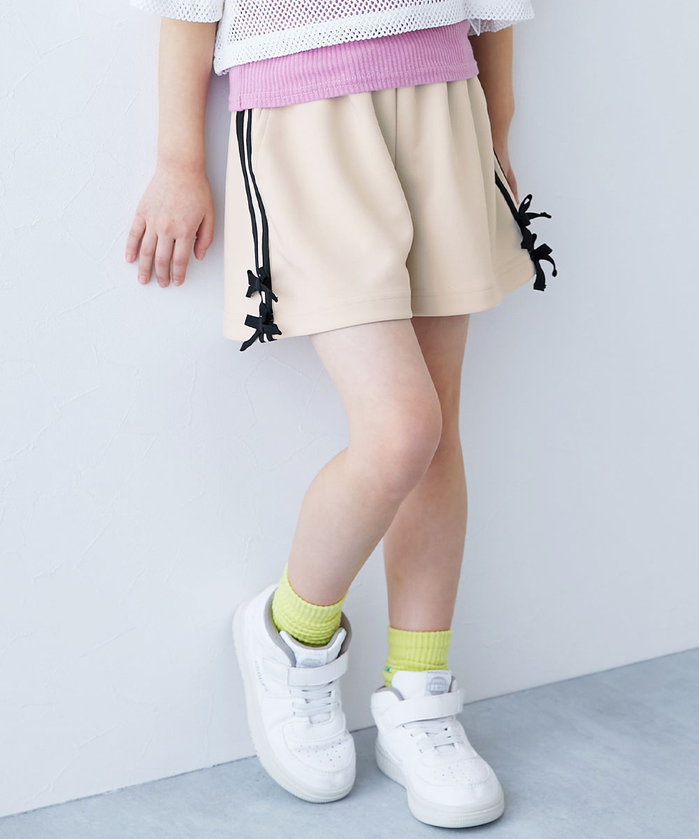 ウエストゴム リボン ハーフパンツ ボトムス リボン付き サイドラインショートパンツ キッズ デビロック devirock 26summer_girls | devirock | 01