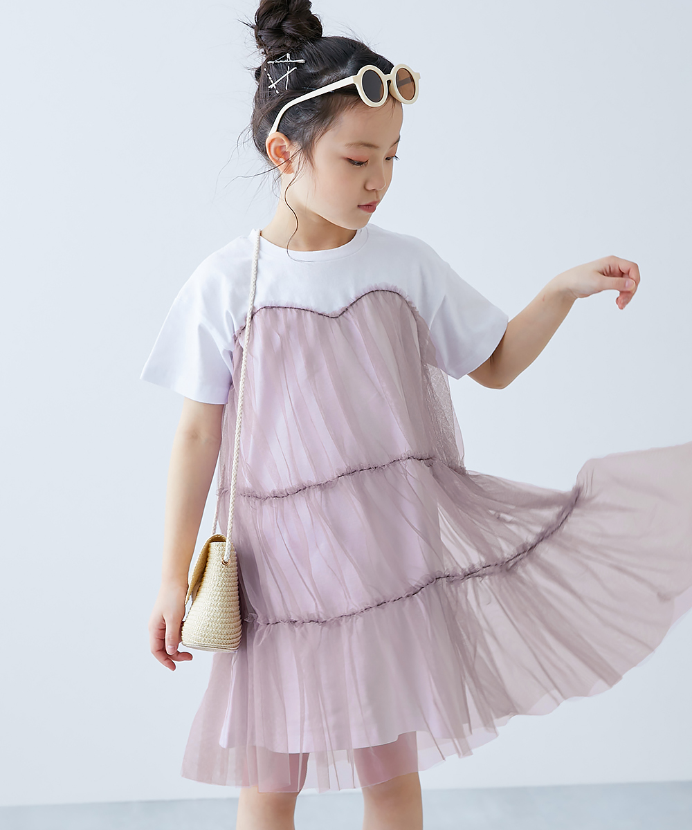 半袖ワンピース ワンピース ふんわり チュールドッキングワンピース キッズ 子供服 女の子  デビロック devirock 25ss_ガールズトレンド | devirock | 04