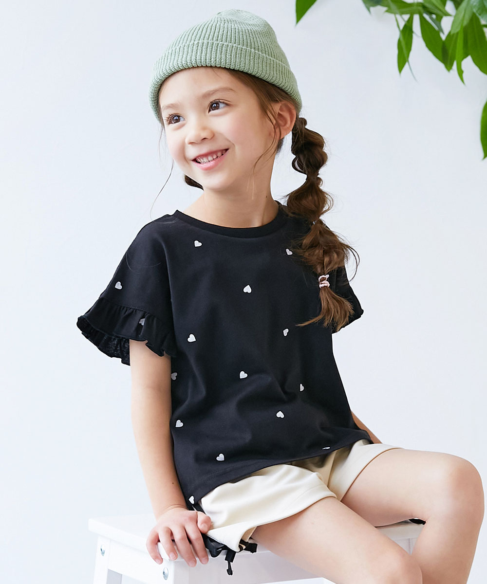 devirock Tシャツ トップス ハート総柄 袖フリル 半袖Tシャツ