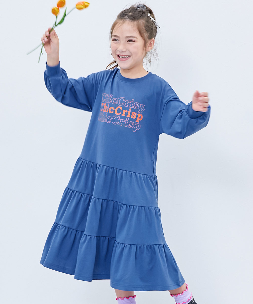 ロゴ プリント 長袖ワンピース ワンピース ふわっと裾ティアード プリント 長袖ワンピース キッズ 子供服 女の子  デビロック devirock | devirock | 02