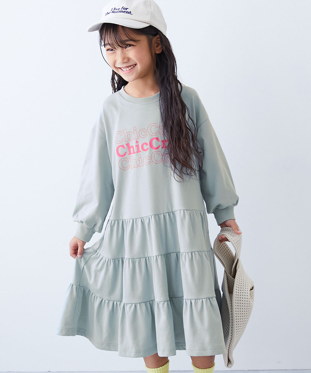 ロゴ プリント 長袖ワンピース ワンピース ふわっと裾ティアード プリント 長袖ワンピース キッズ 子供服 女の子  デビロック devirock | devirock | 03
