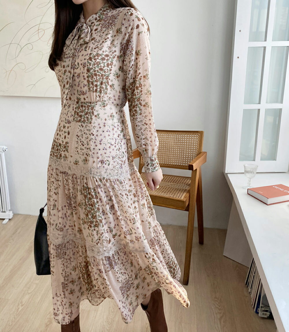 超特価 レディース スカラップ 上品 ロングワンピース 秋 冬 韓国ファッション Dholic 通販 Paypayモール ワンピース ロング 長袖 花柄 フラワー ティアード ボウタイ 大人 レトロ シフォン 爆買いお得