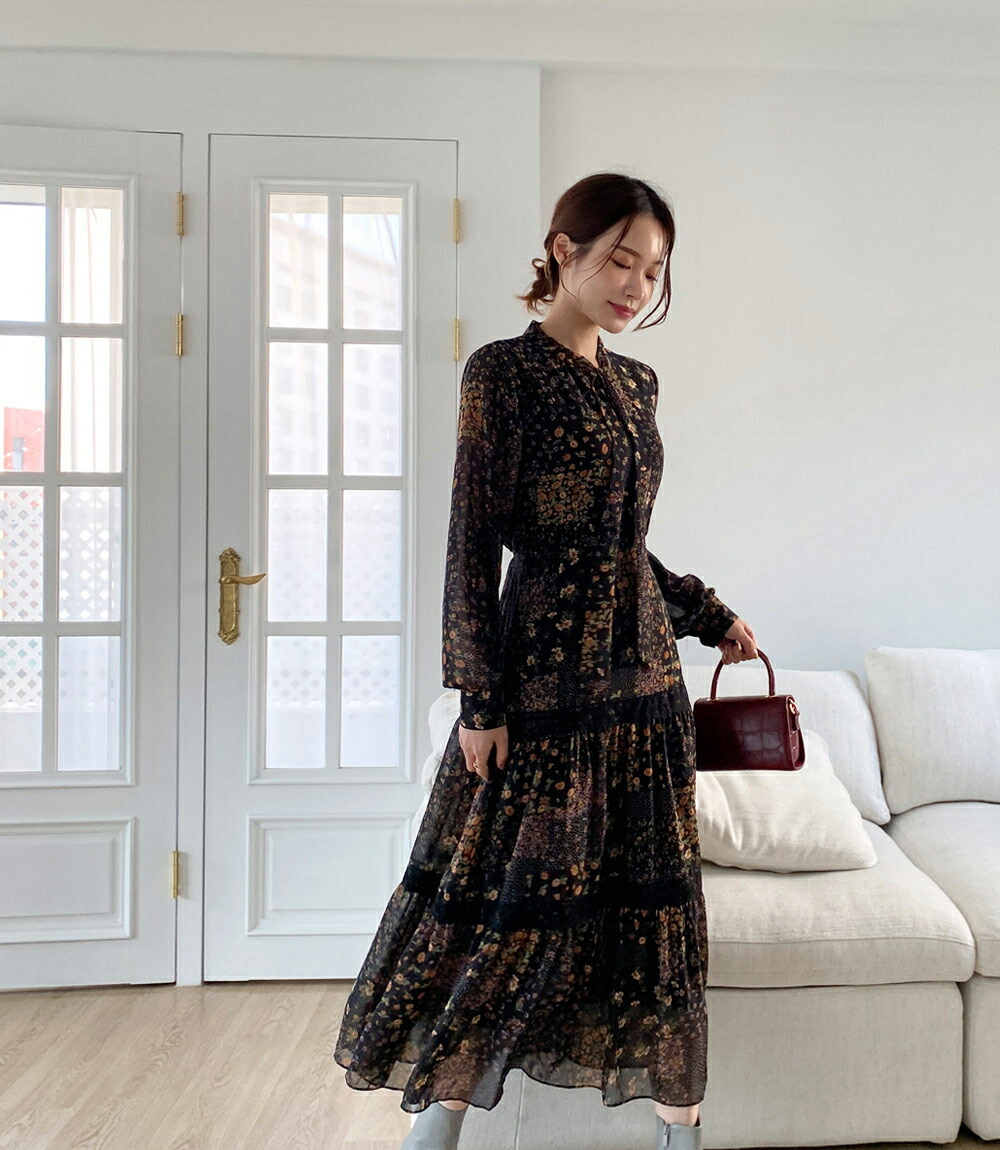 超特価 レディース スカラップ 上品 ロングワンピース 秋 冬 韓国ファッション Dholic 通販 Paypayモール ワンピース ロング 長袖 花柄 フラワー ティアード ボウタイ 大人 レトロ シフォン 爆買いお得